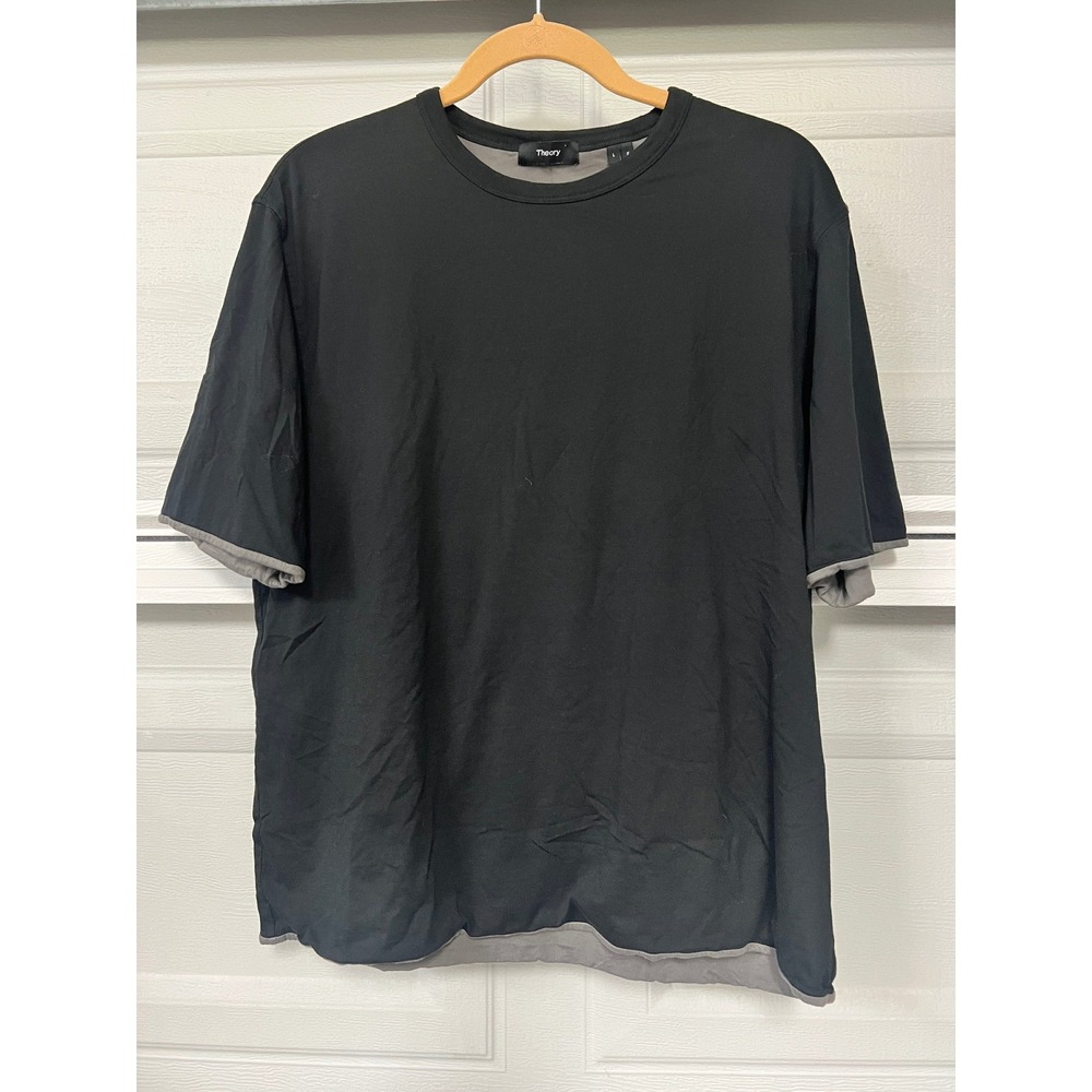 Theory Mens DB Layered Tee Foundation Jersey W Pima Cotton Black Grey Large